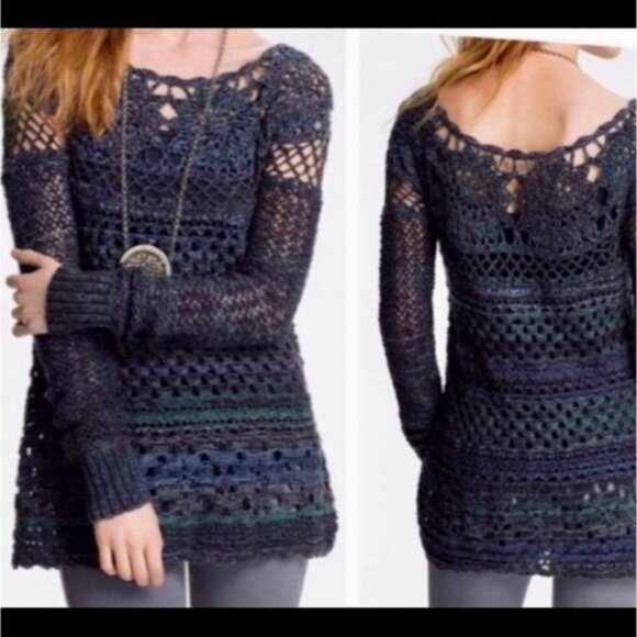 Free People Sweaters - Free People Women's  XS Ring of Rose Crochet Sweater Open Knit Purple Blue